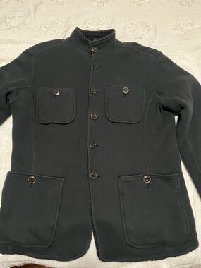 John Varvatos USA chore jacket in black textured waffle-knit and Sherpa Lining.